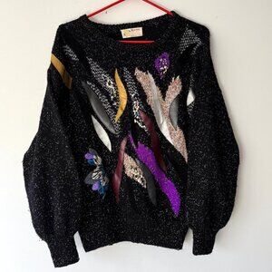 80s vintage black glitter embellished crazy leather patchwork hand knit sweater